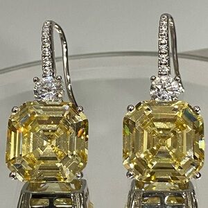 Elegant Yellow Moissanite Citrine Asscher Cut Earrings with 925 Silver.